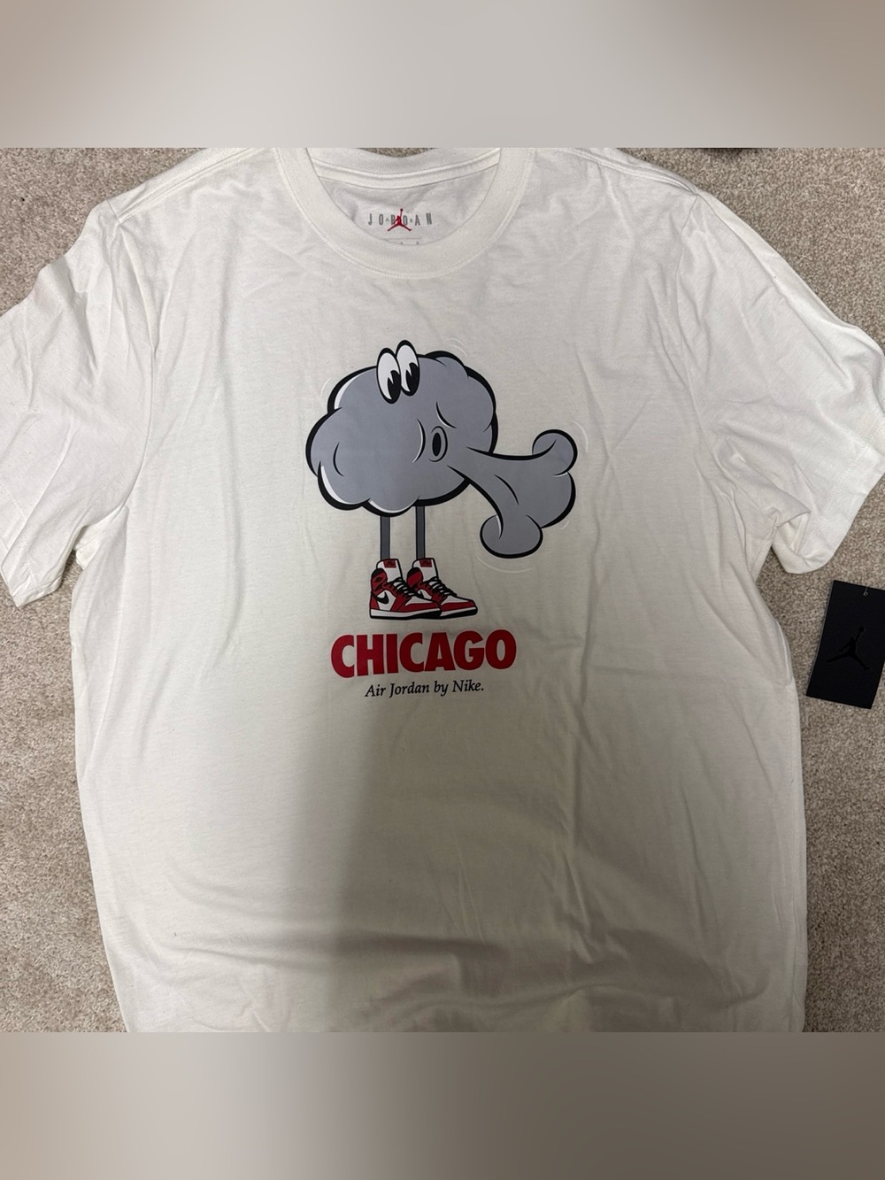 Jordan White Tee with Gray Cloud Graphic and Red Chicago Text